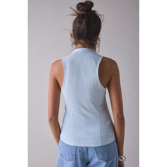UO Party Girl Cotton-Blend Button Down Sleeveless Shirt Women Medium Blue Stripe - Picture 8 of 16
